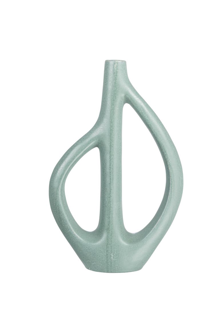 Stoneware Sculptural Vase with Teardrop Handles, Matte Green, Alternate, color, Blue