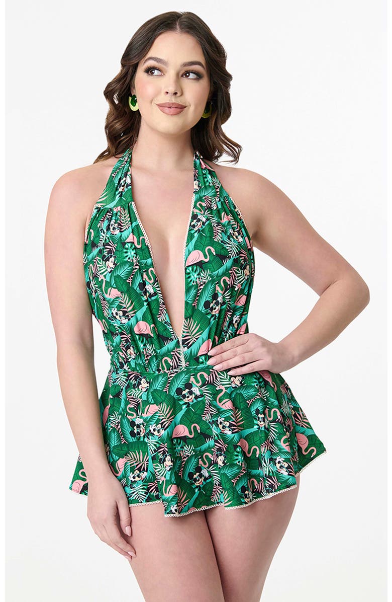 Unique Vintage Plunge Halter Skirted Wendy One Piece Swimsuit, Main, color, 