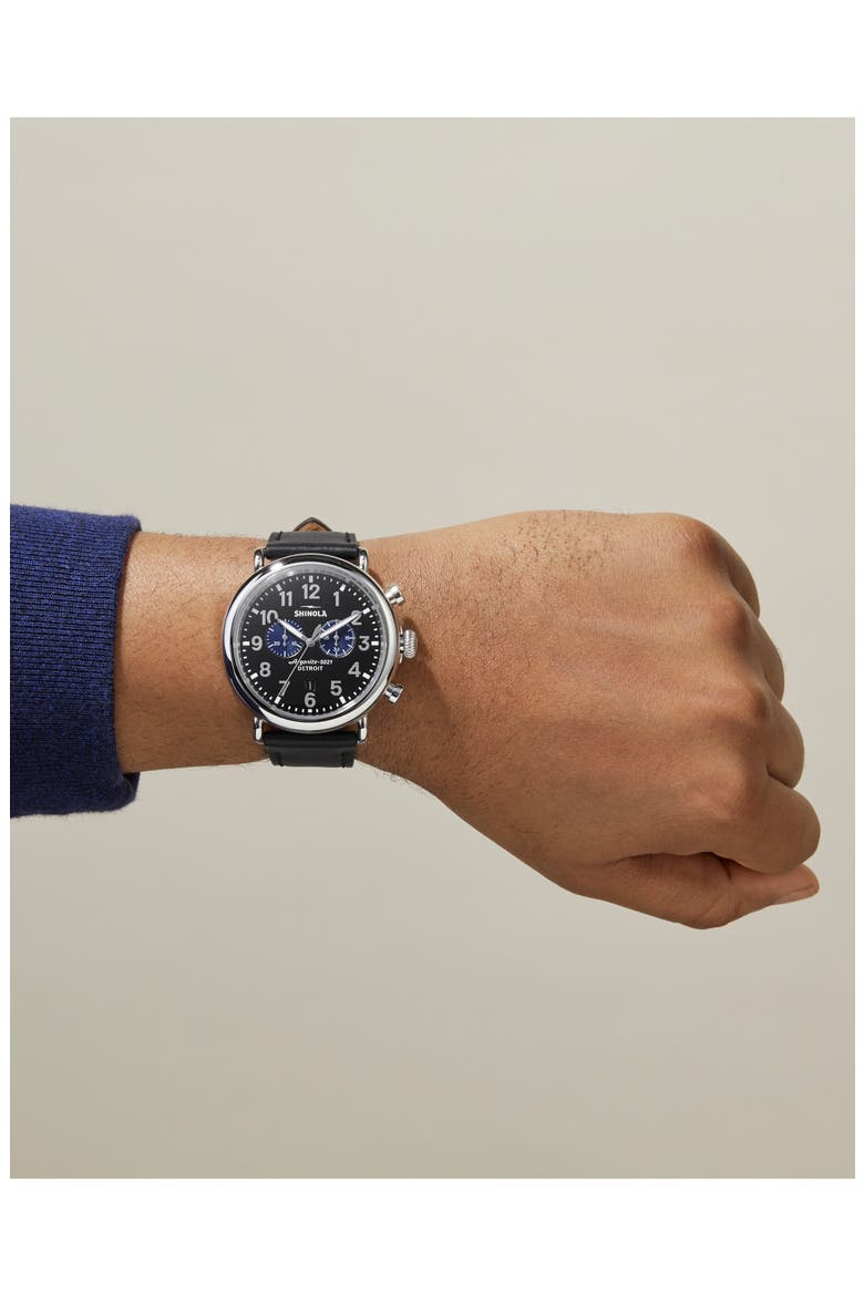 The Runwell Chrono Leather Strap Watch, 47mm, Alternate, color, BLACK/ SILVER