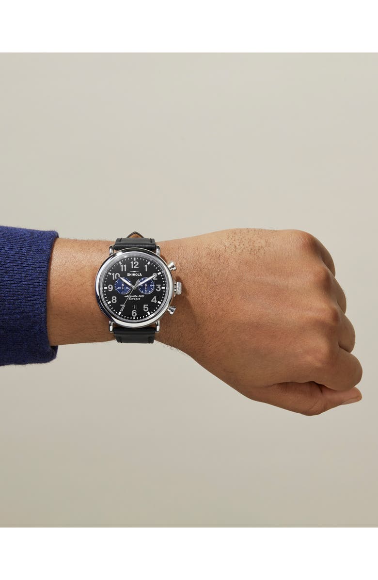 Shinola The Runwell Chrono Leather Strap Watch, 47mm, Alternate, color, Black/ Silver