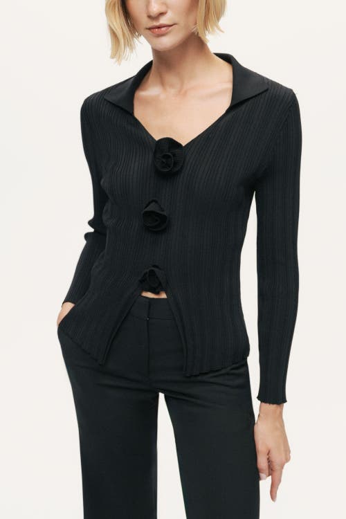 Nocturne Floral Embellished Ribbed V-neck Sweater In Black
