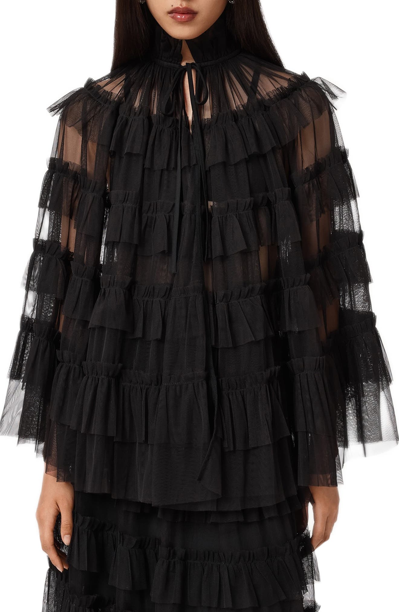 Allsaints Polyester Aude Ruffle Cape Top In Black