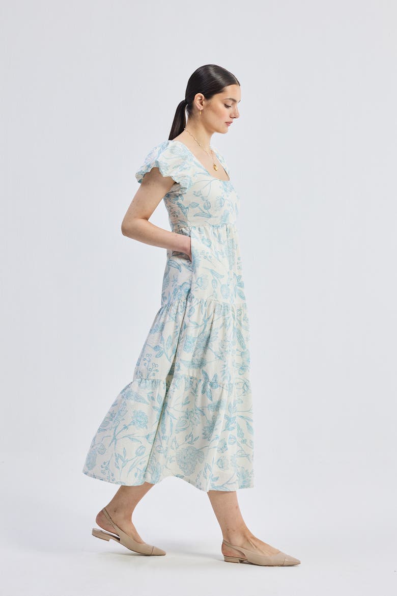 Puff Sleeve Tiered Maxi Dress in Blue Florals, Alternate, color, Floral Melody