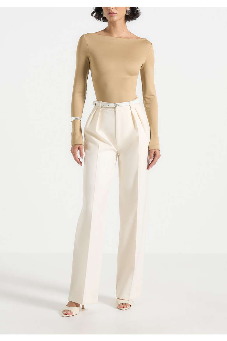 Eva Fitted Boat Neck Bodysuit, Alternate, color, Beige