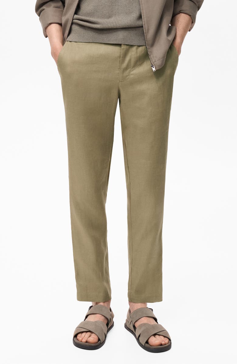 MANGO Slim Fit Flat Front Linen Pants, Main, color, Khaki Green