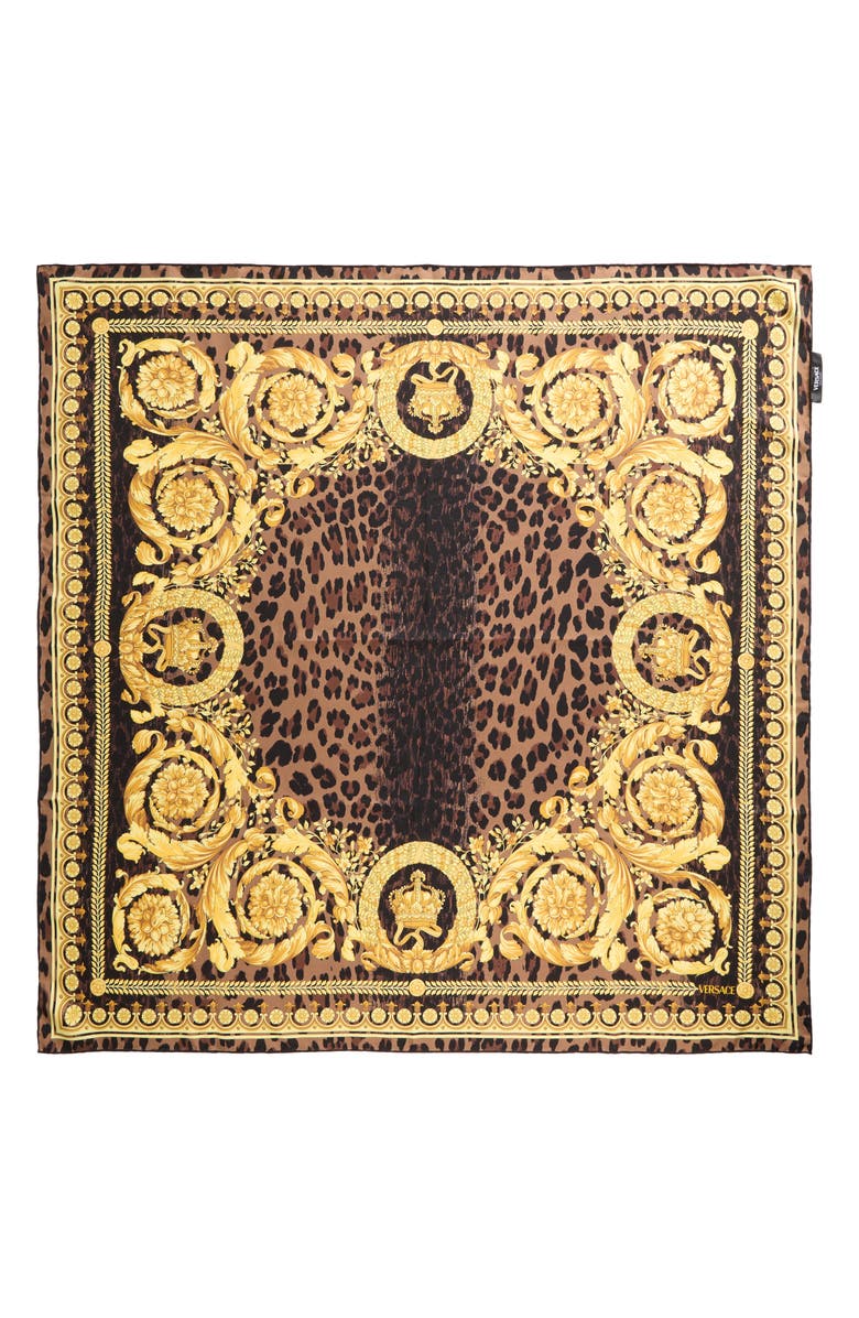 Versace Leopard Print Silk Square Scarf, Main, color, 