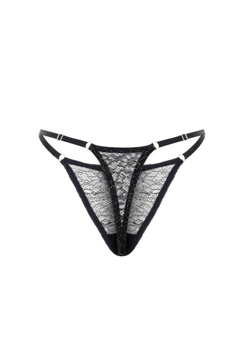 Shiny Lace Thong with Adjustable Straps, Alternate, color, Black