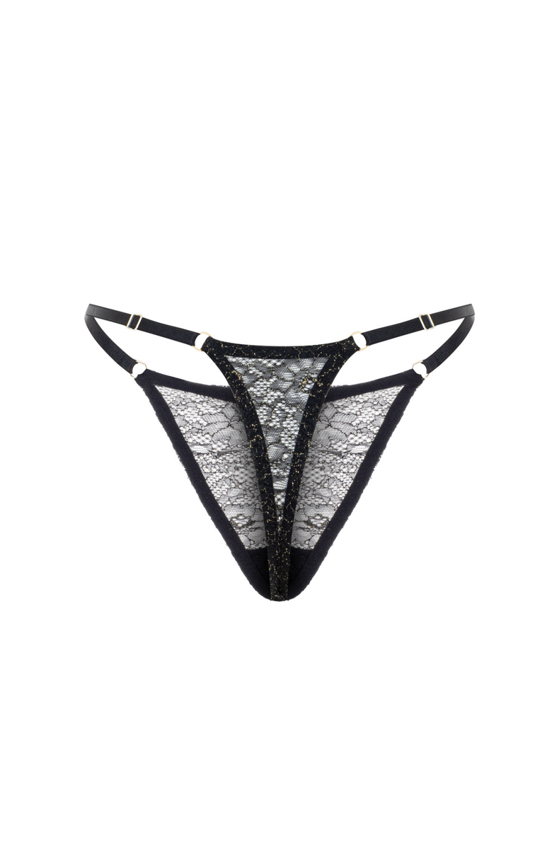 Mers Silk Shiny Lace Thong with Adjustable Straps, Alternate, color, Black