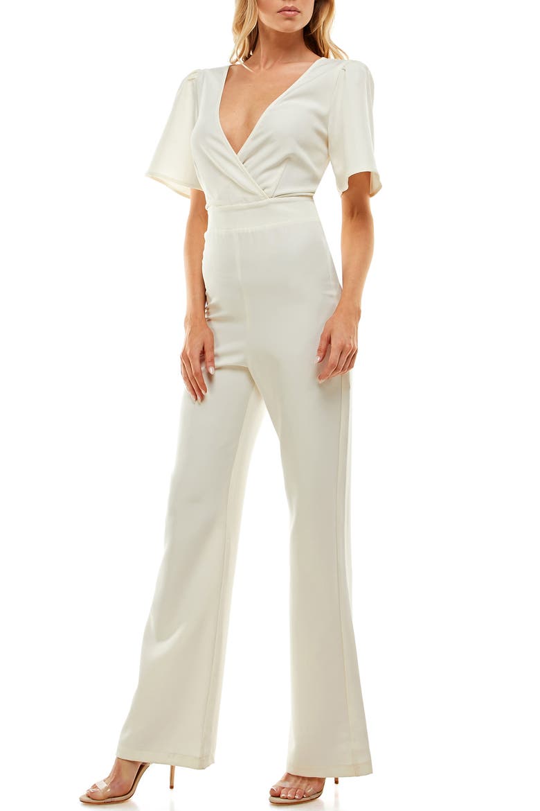 Deep Surplice Neck Flutter Sleeve Jumpsuit, Main, color, IVORY