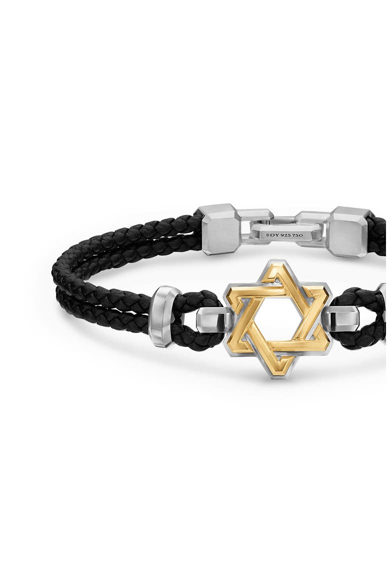 Streamline Star of David Bracelet in Black Leather with Sterling Silver & 14K Yellow Gold, 18mm, Alternate, color, SILVER