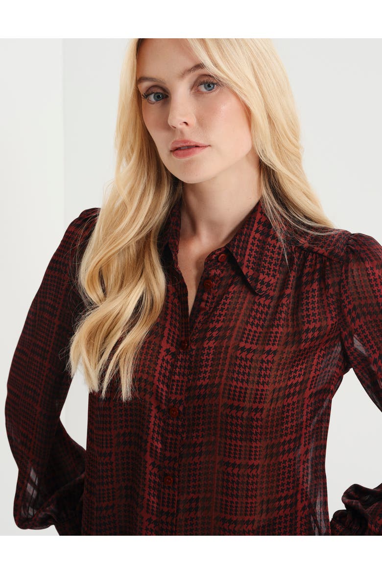 Melina Printed Chiffon Blouse, Alternate, color, Burgundy Houndstooth