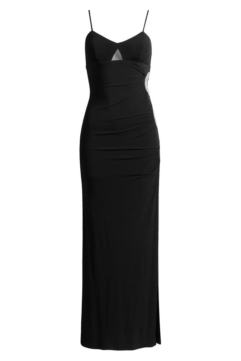 Crystal Ruched Body-Con Gown, Alternate, color, BLACK