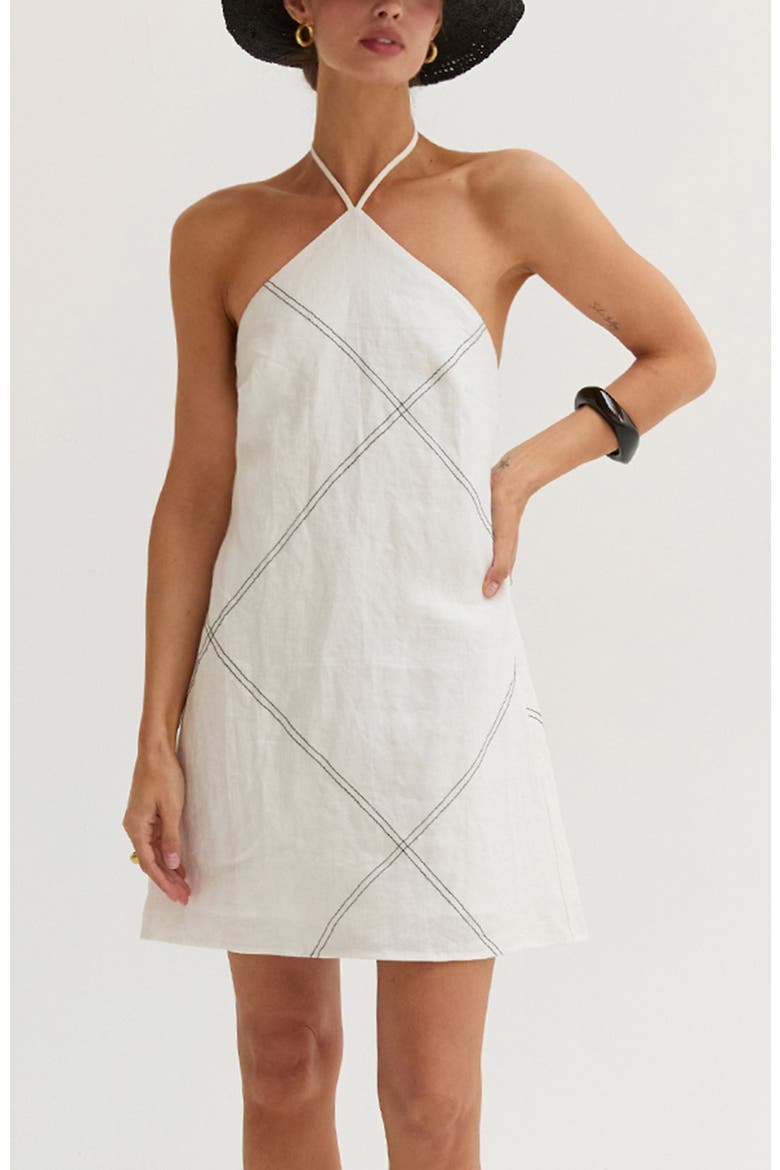 Contrast Stitch Halter Linen Mini Dress, Alternate, color, White