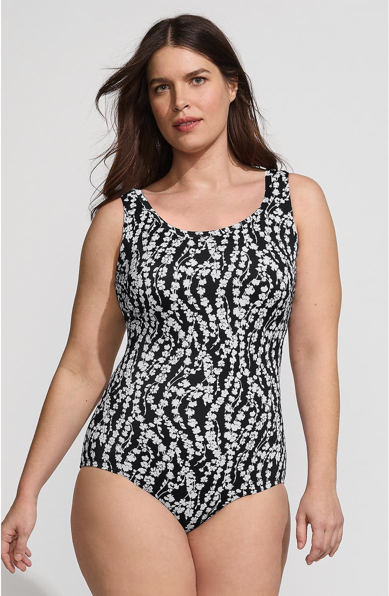 Lands' End Plus Size DD-Cup Chlorine Resistant Scoop Neck Soft Cup Tugless Sporty One Piece Swimsuit, Main, color, Black/White Vine Floral