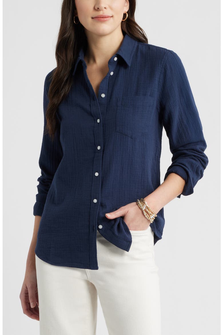Casual Gauze Button-Up Shirt, Main, color, NAVY STILL