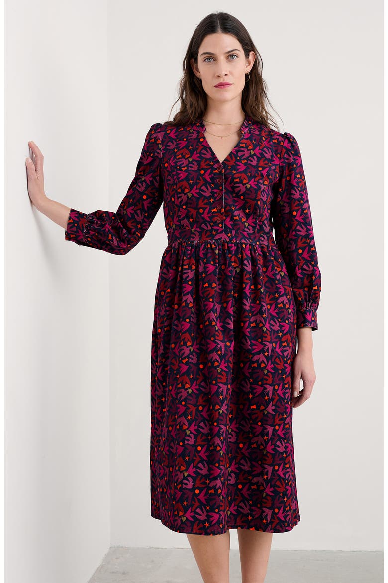 Rose Cottage Bird Print Long Sleeve Cotton Corduroy Midi Dress, Alternate, color, PAPER BIRDS JAM
