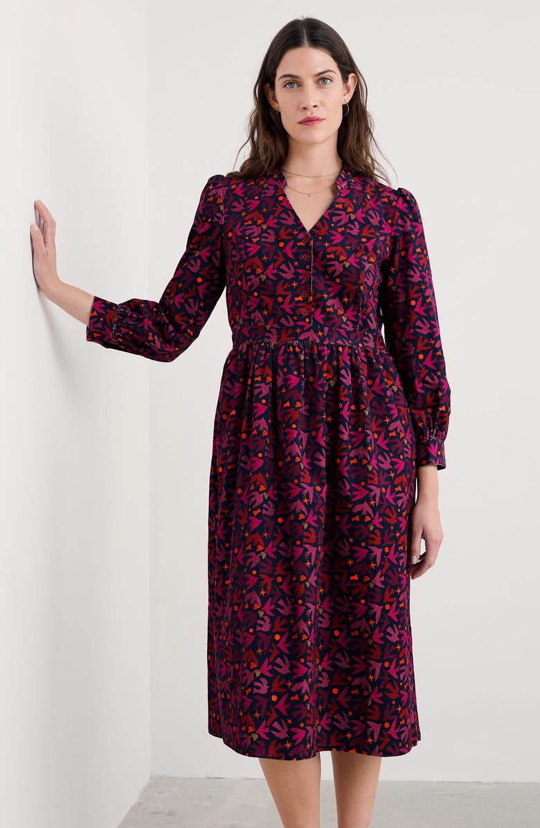 Seasalt Cornwall Rose Cottage Bird Print Long Sleeve Corduroy Midi Dress, Alternate, color, Paper Birds Jam