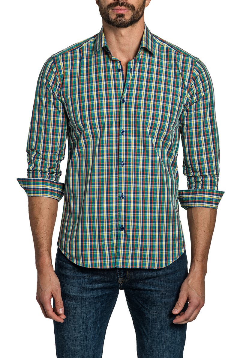 Jared Lang Trim Fit Plaid Cotton Button-Up Shirt, Main, color, 