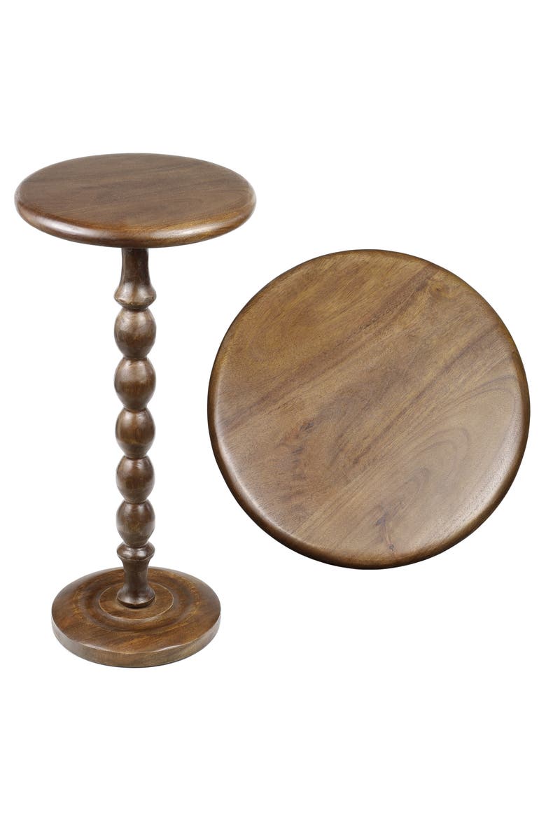 Augustus Cottage Round Solid Spool Pedestal Drink Table - Turned Accent Side End Table for Living Room, Main, color, Dark Brown