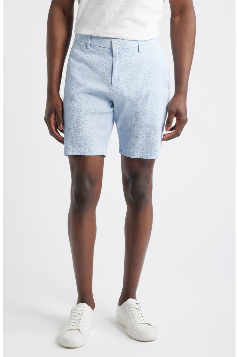 Galaxy Bermuda Flat Front Stretch Cotton Seersucker Shorts, Main, color, ICE WATER
