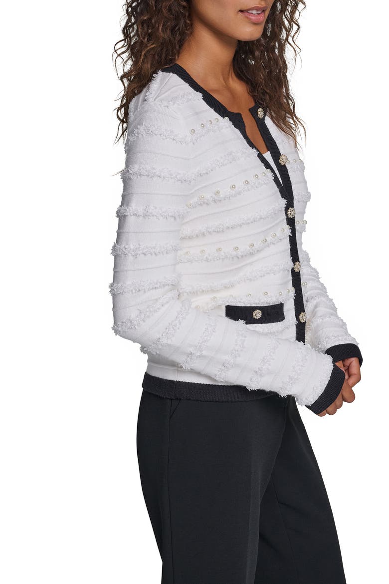 Imitation Pearl Fringe Cardigan, Alternate, color, SOFT WHITE/ BLACK