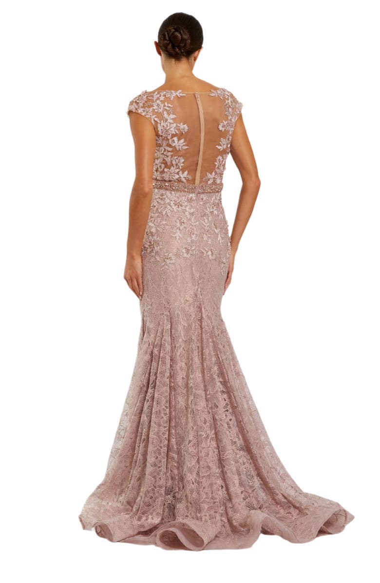 Mac Duggal High Neck Shoulder FLower Detail Mermaid Gown, Alternate, color, Mocha