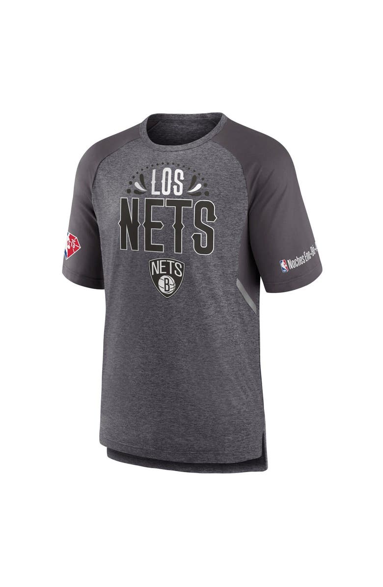 FANATICS Men's Fanatics Branded Heathered Gray Brooklyn Nets 2022 Noches Ene-Be-A Core Shooting Raglan T-Shirt, Alternate, color, Heather Gray