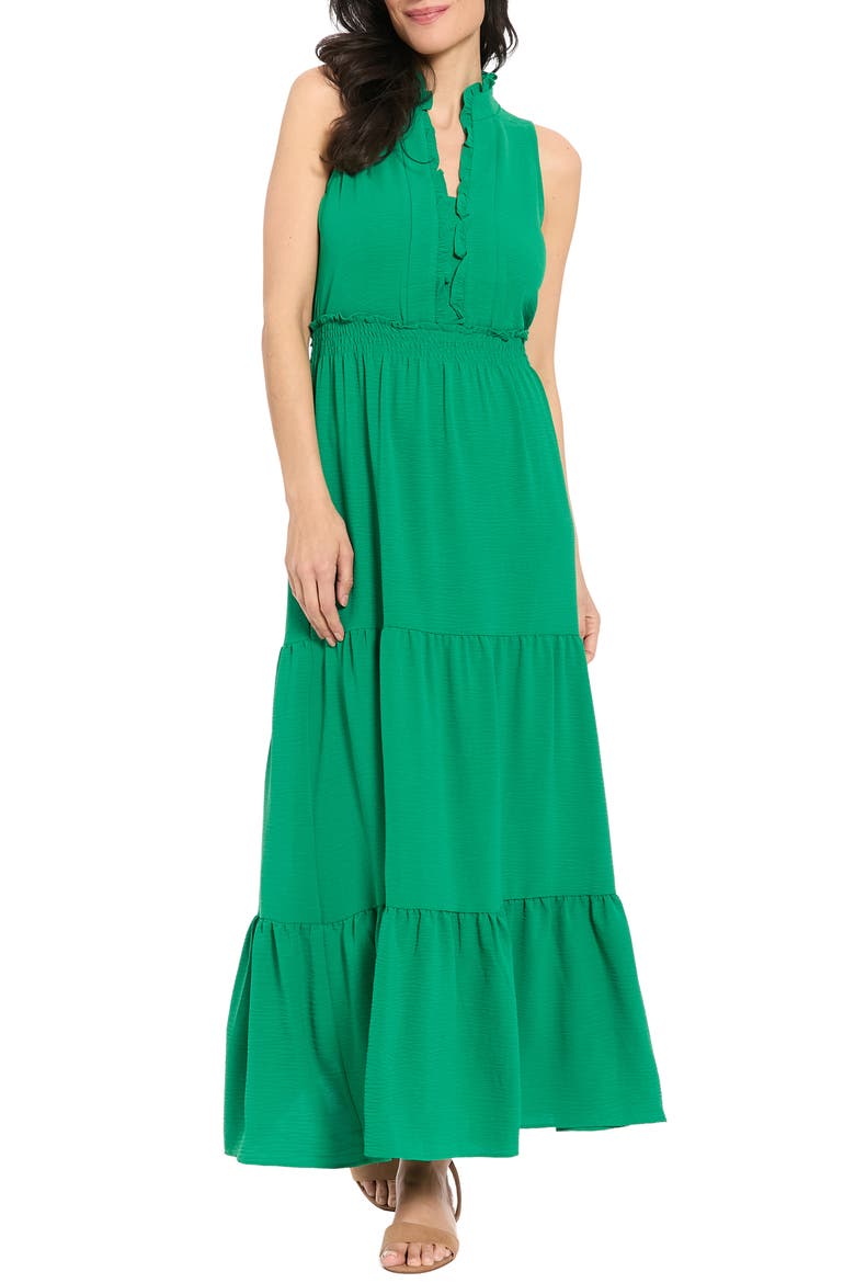 Ruffle Sleeveless Smocked Waist Tiered Maxi Dress, Main, color, EMERALD WAVE