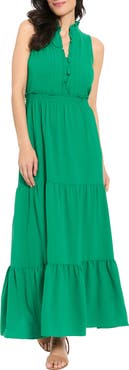 London Times Ruffle Sleeveless Smocked Waist Tiered Maxi Dress