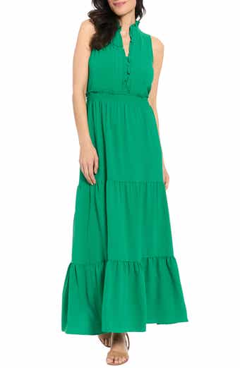 London Times Ruffle Sleeveless Smocked Waist Tiered Maxi Dress