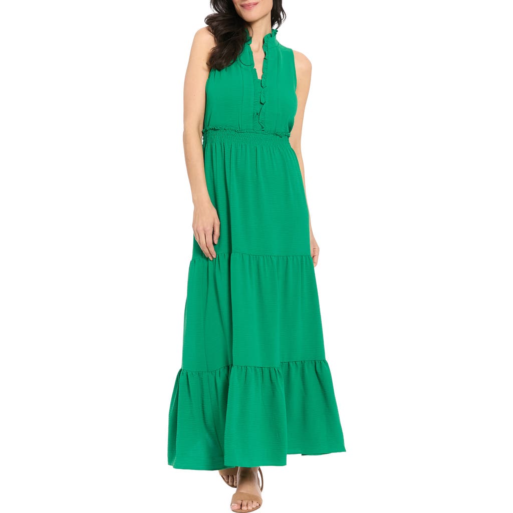 London Times Ruffle Sleeveless Smocked Waist Tiered Maxi Dress in Emerald Wave at Nordstrom Rack, Size 8
