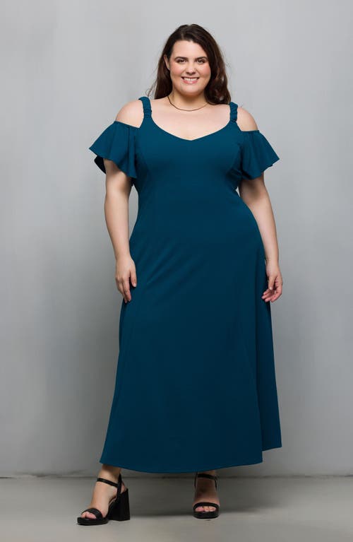 24seven Comfort Apparel Plus Size Cold Shoulder Ruffle Sleeve A-line Maxi Dress In Blue
