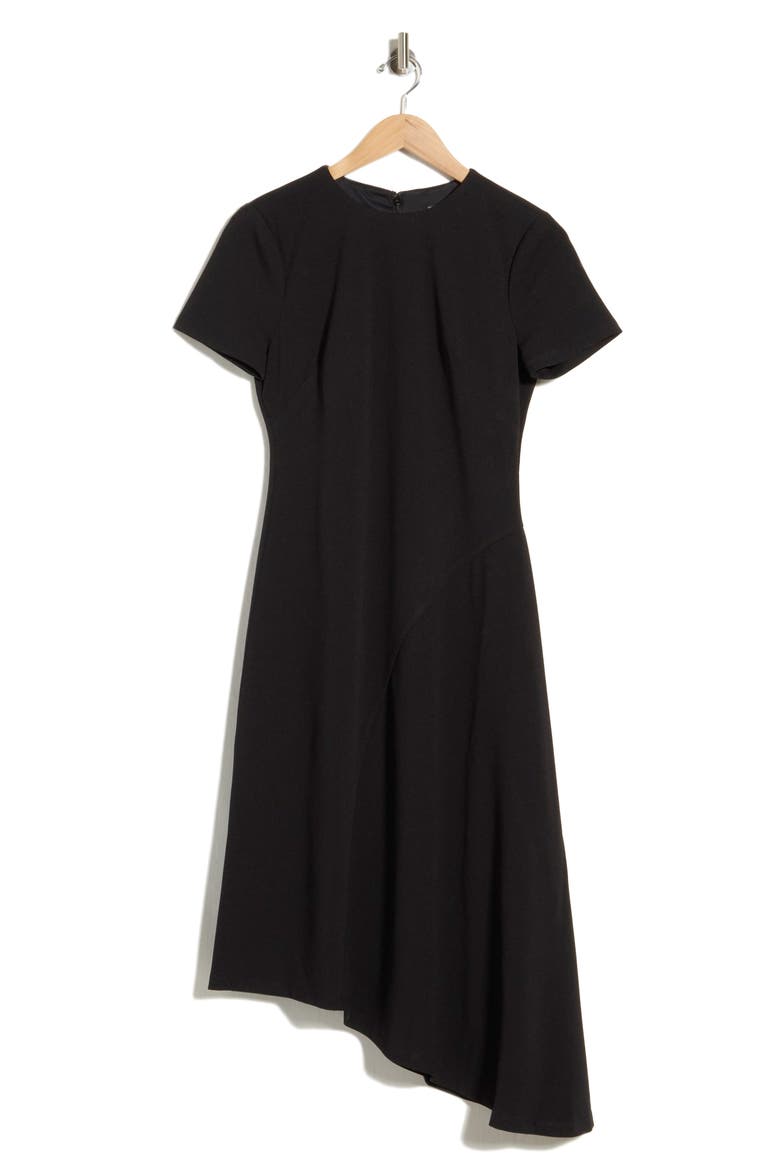 Short Sleeve Asymmetric Hem Midi Dress, Main, color, BLACK