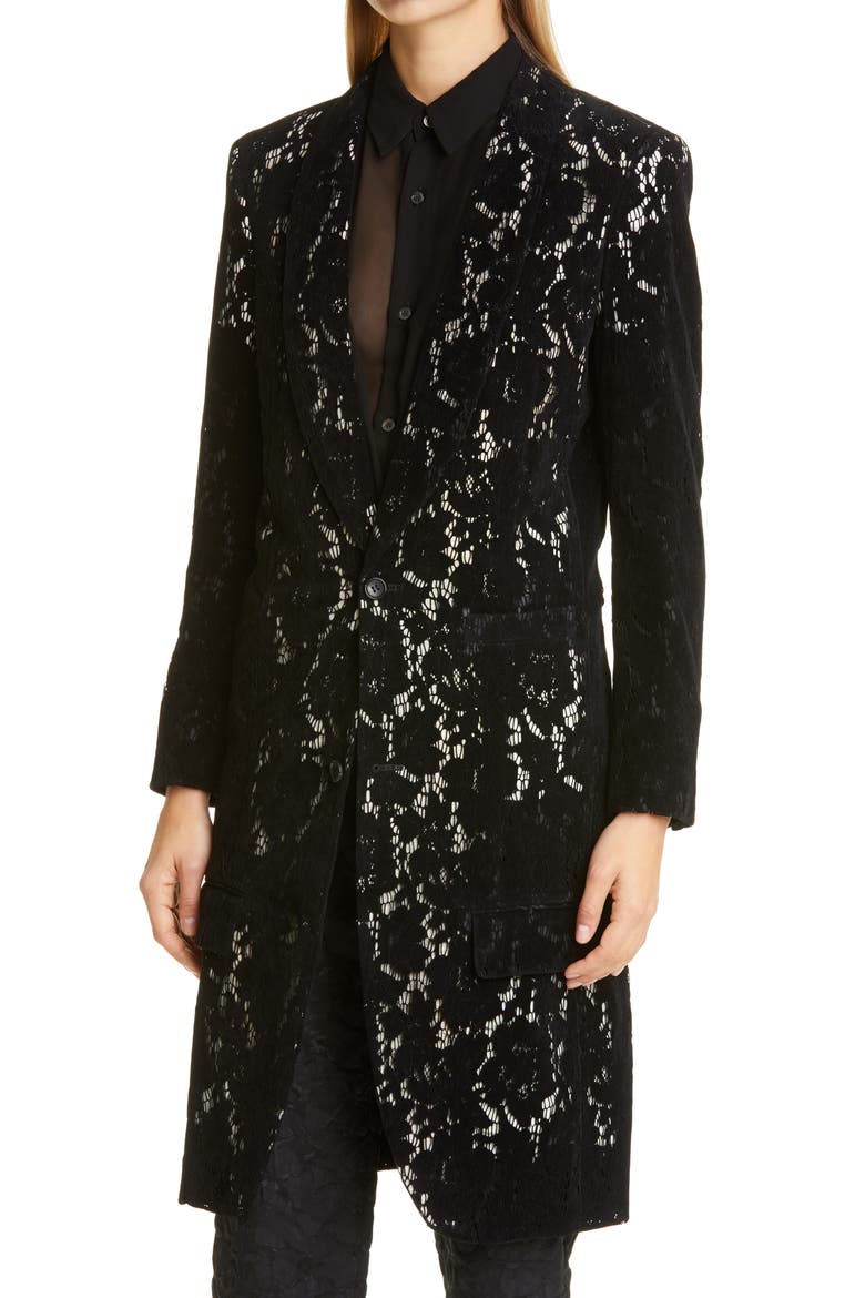 Flocked Lace Coat, Alternate, color, BLACK
