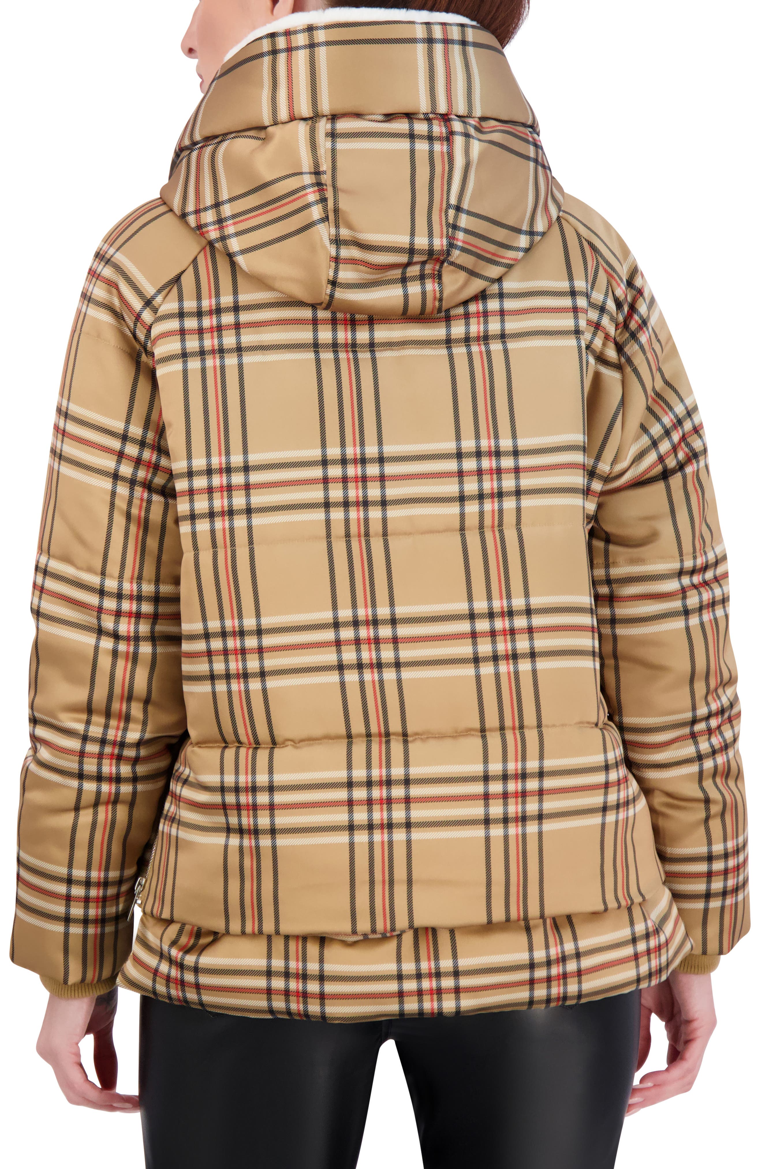 OOKIE & LALA OOKIE & LALA PLAID FAUX FUR LINED UTILITY CROP PUFFER HOODED JACKET