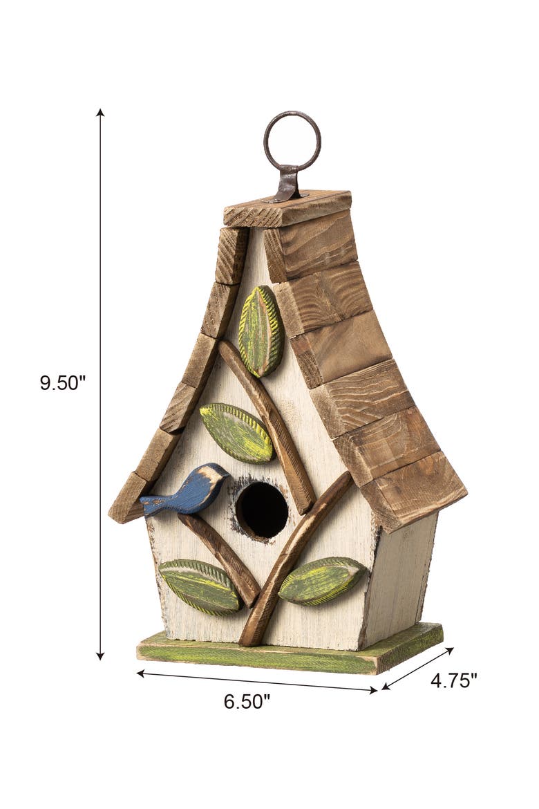 9.5"H Distressed Solid Wood Birdhouse with 3D Leaves, Alternate, color, White