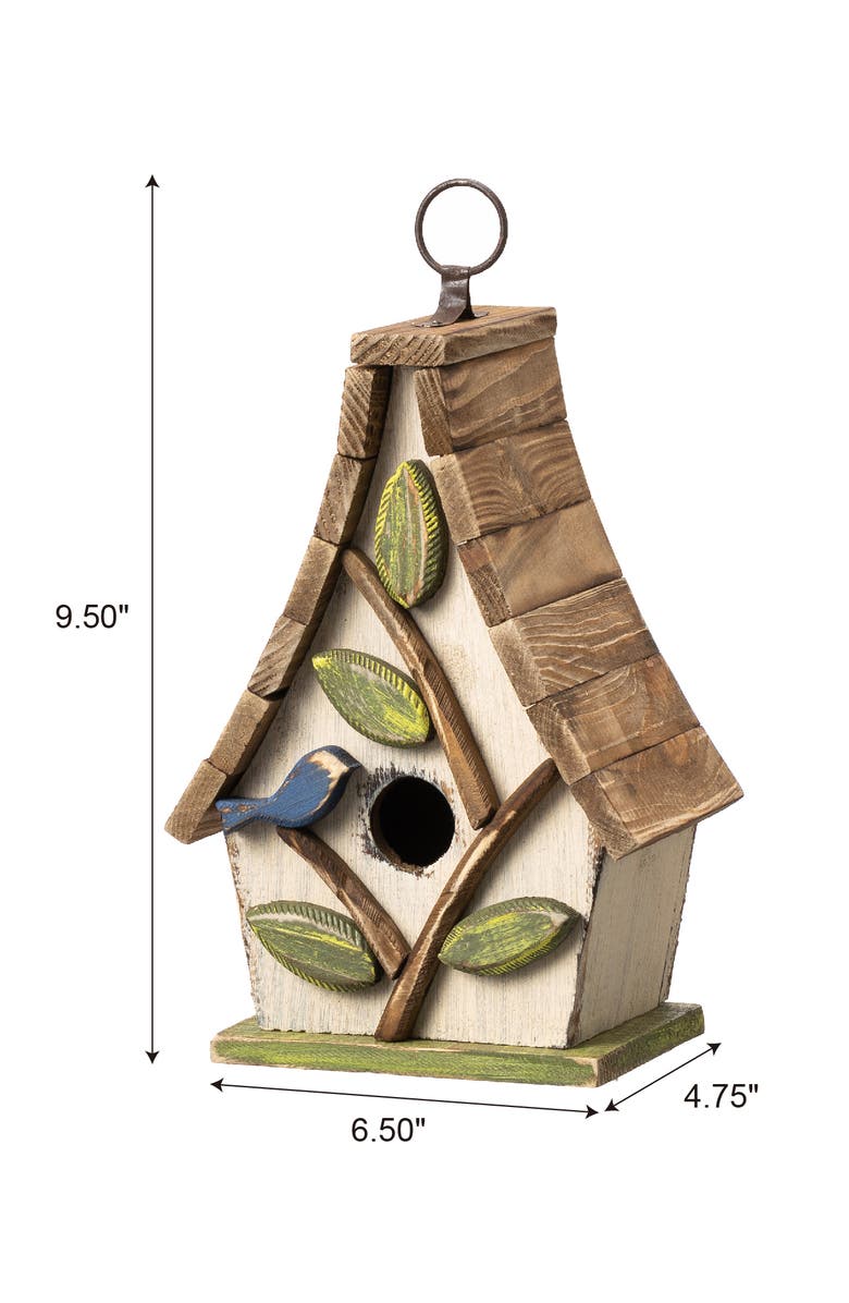 Glitzhome 9.5"H Distressed Solid Wood Birdhouse with 3D Leaves, Alternate, color, White