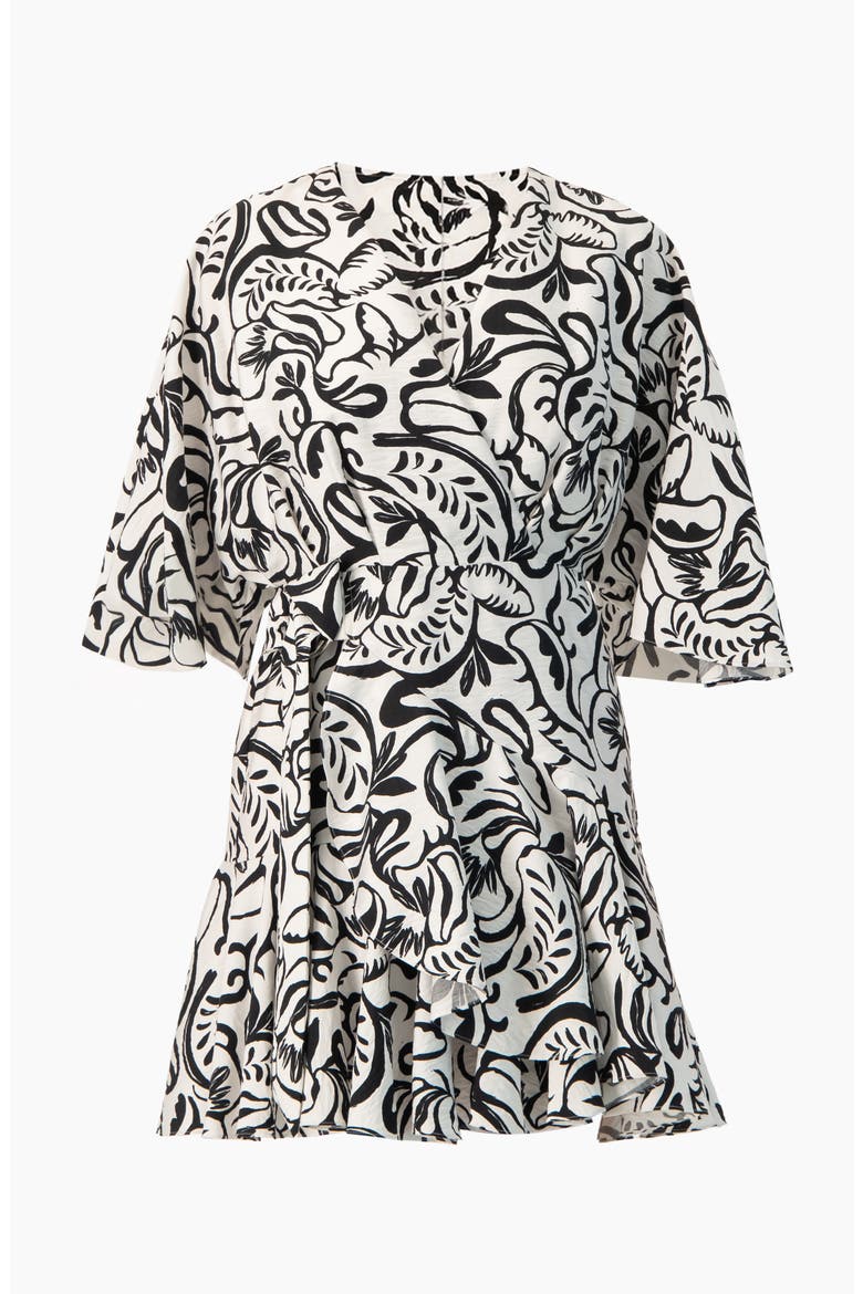 Swirl Botanical Print 3/4 Sleeve Fit-and-Flare Mini Dress, Alternate, color, White