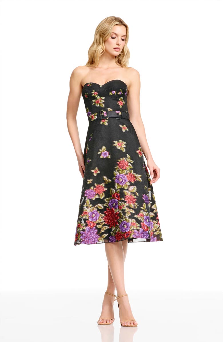 Dress the Population Carlita Belted Floral Strapless Cocktail Dress, Alternate, color, Black Multi