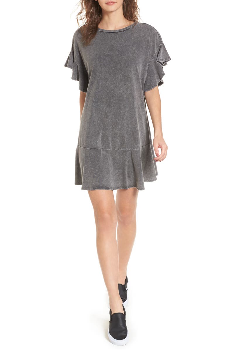 BP. Stonewash Ruffle Trim Dress, Main, color, 