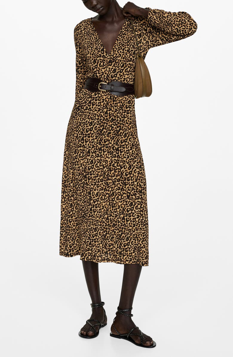 MANGO Leopard Long Sleeve Gown, Main, color,