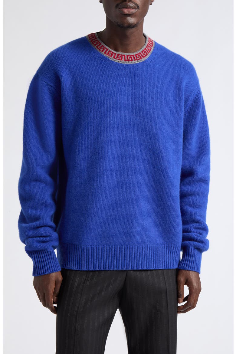 Greca Border Crewneck Wool & Cashmere Sweater, Main, color, BLUETTE