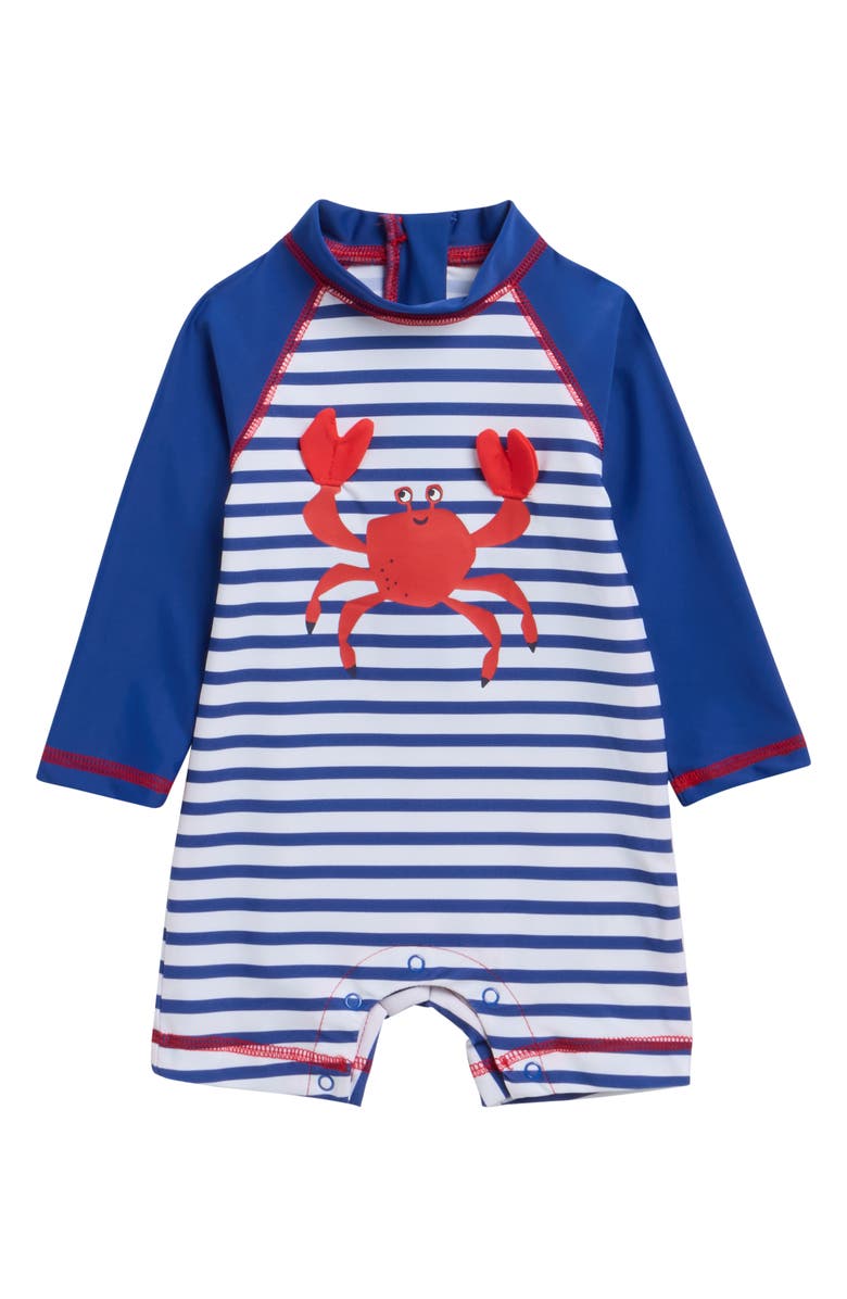 Little Me Crab Long Sleeve UPF 50+ One-Piece Rashguard Swimsuit, Main, color, Blue Stripe