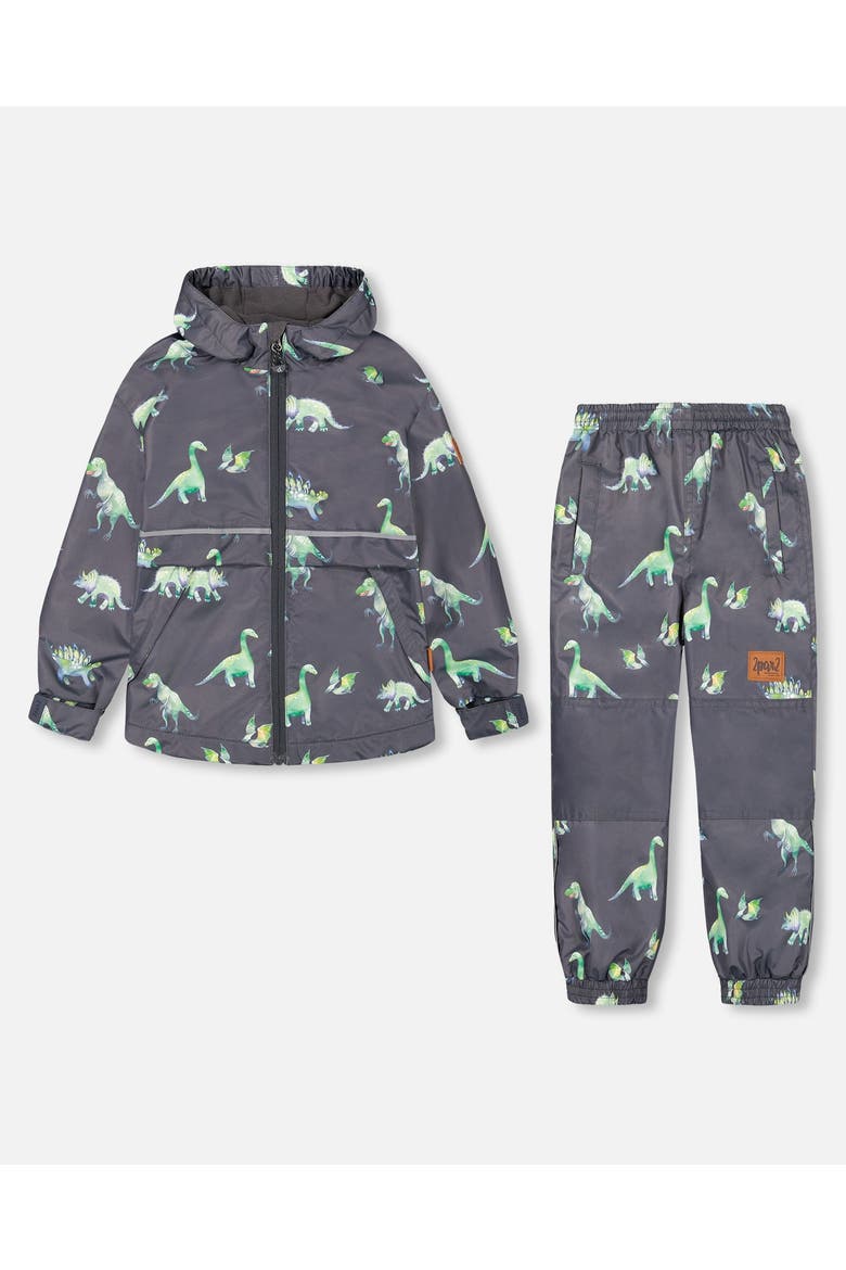 Little Boy's Two Piece Hooded Coat And Pant Mid-Season Set Grey Printed Dinosaurs, Main, color, Grey Printed Dinosaurs