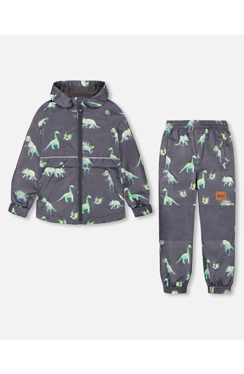 Deux par Deux Little Boy's Two Piece Hooded Coat And Pant Mid-Season Set Grey Printed Dinosaurs, Main, color, 