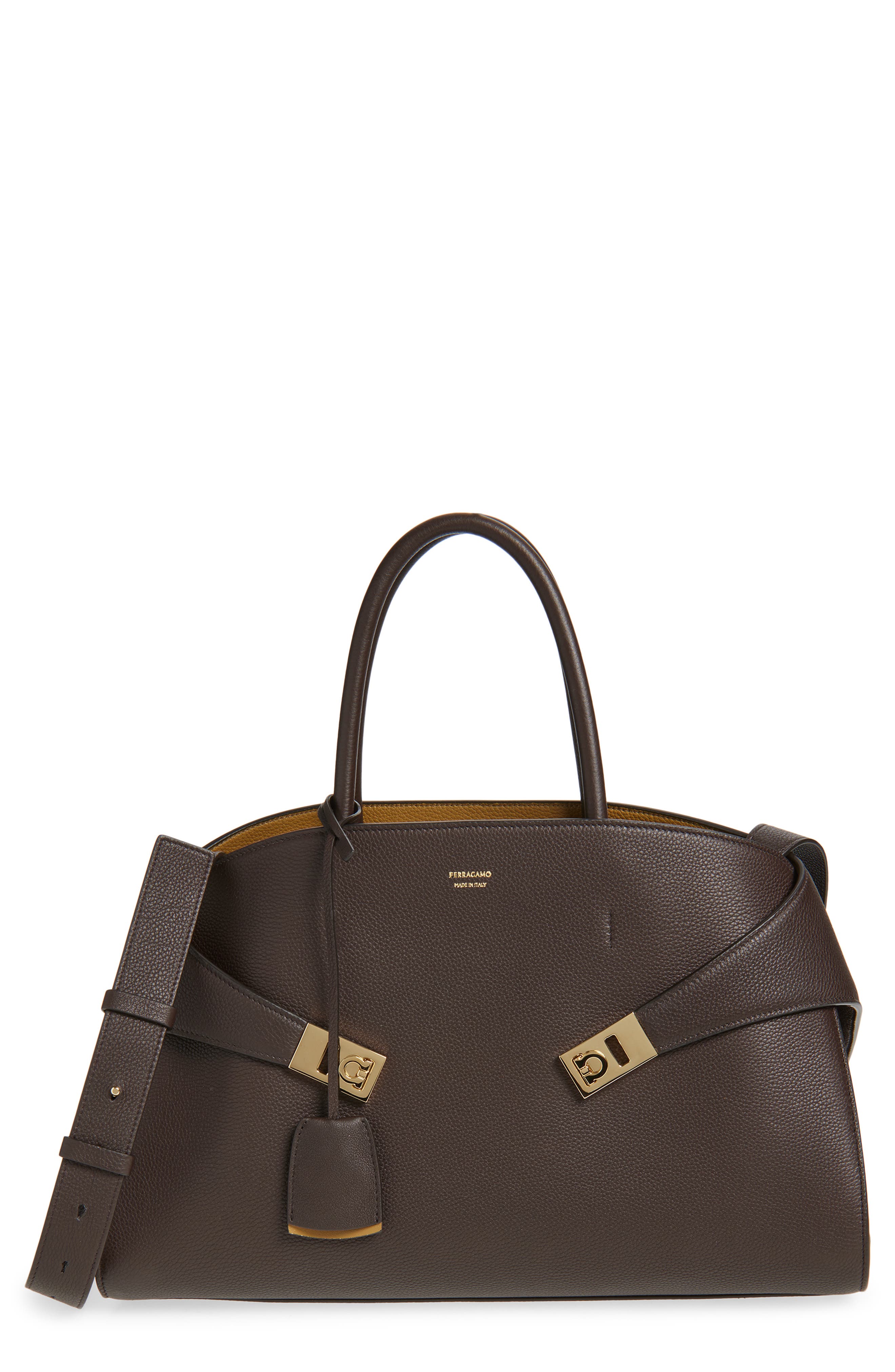 FERRAGAMO Medium Hug Suede Top Handle Bag, Main, color, Testa Di M Burnt Ocra