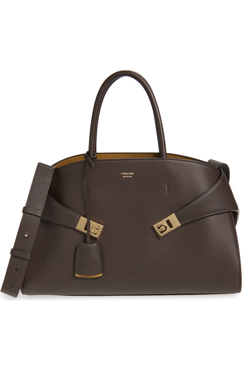 FERRAGAMO Medium Hug Suede Top Handle Bag, Main, color, Testa Di M Burnt Ocra