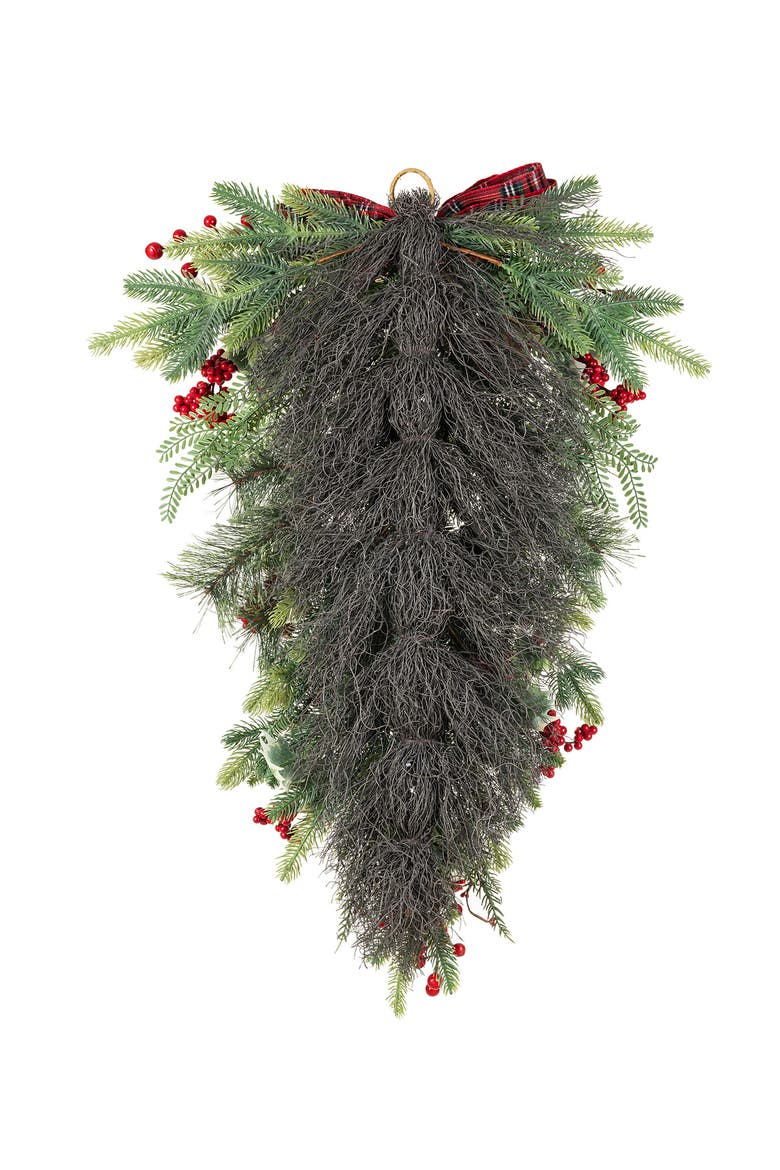 Berry Pinecone and Bell Christmas Teardrop Wreath, Alternate, color, Red