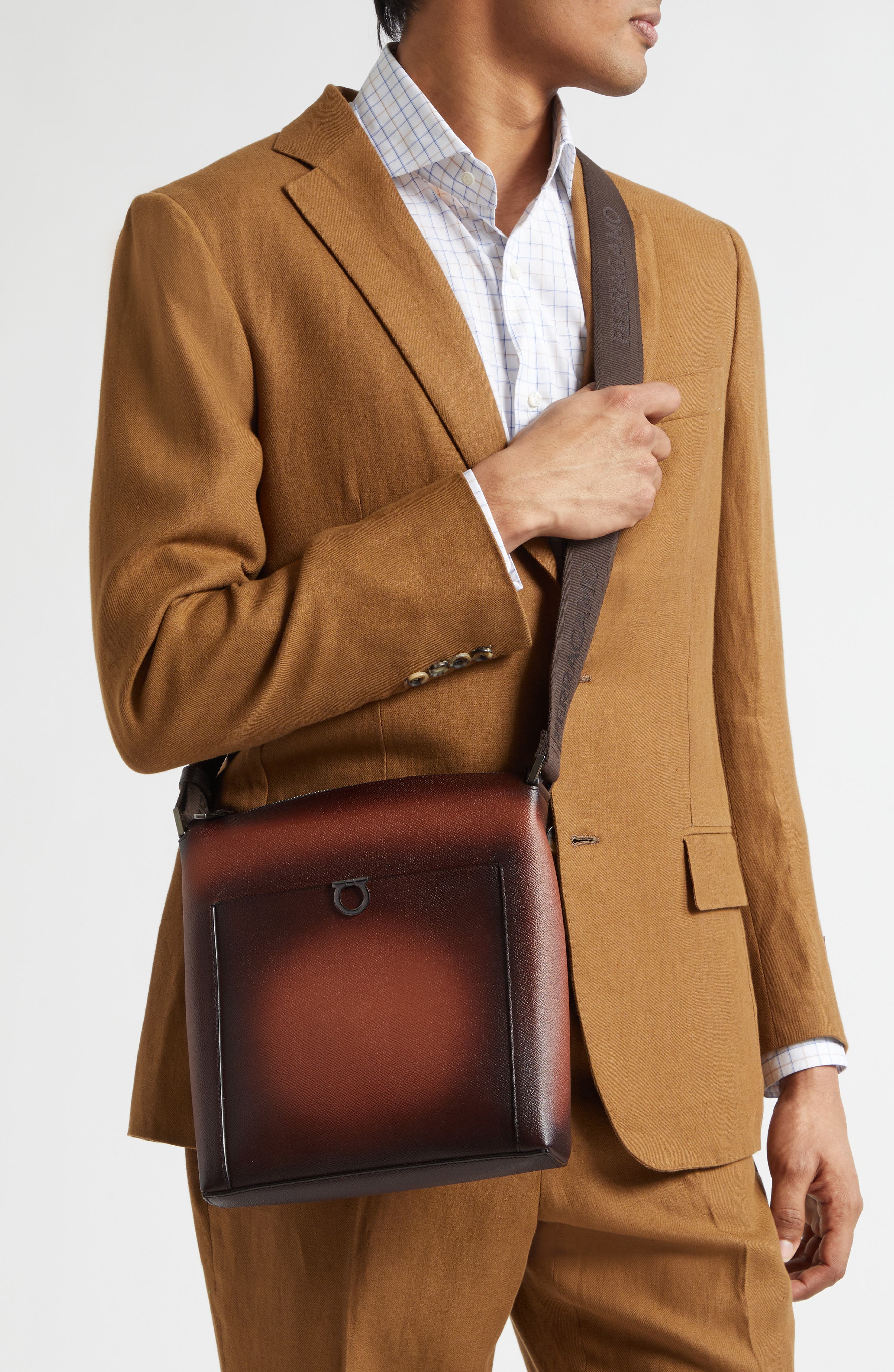 FERRAGAMO Trading Gancio Leather Crossbody Case, Alternate, color, New Cognac Testa Di Moro Dark