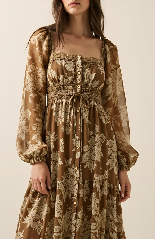 Modenaire Floral Woven Maxi Dress With Lace Trim, Bubble Sleeves And Button Front In Brown